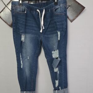 Distressed Drawstring Denim Joggers in XXL Blue AND DENIM SHORTS XXL